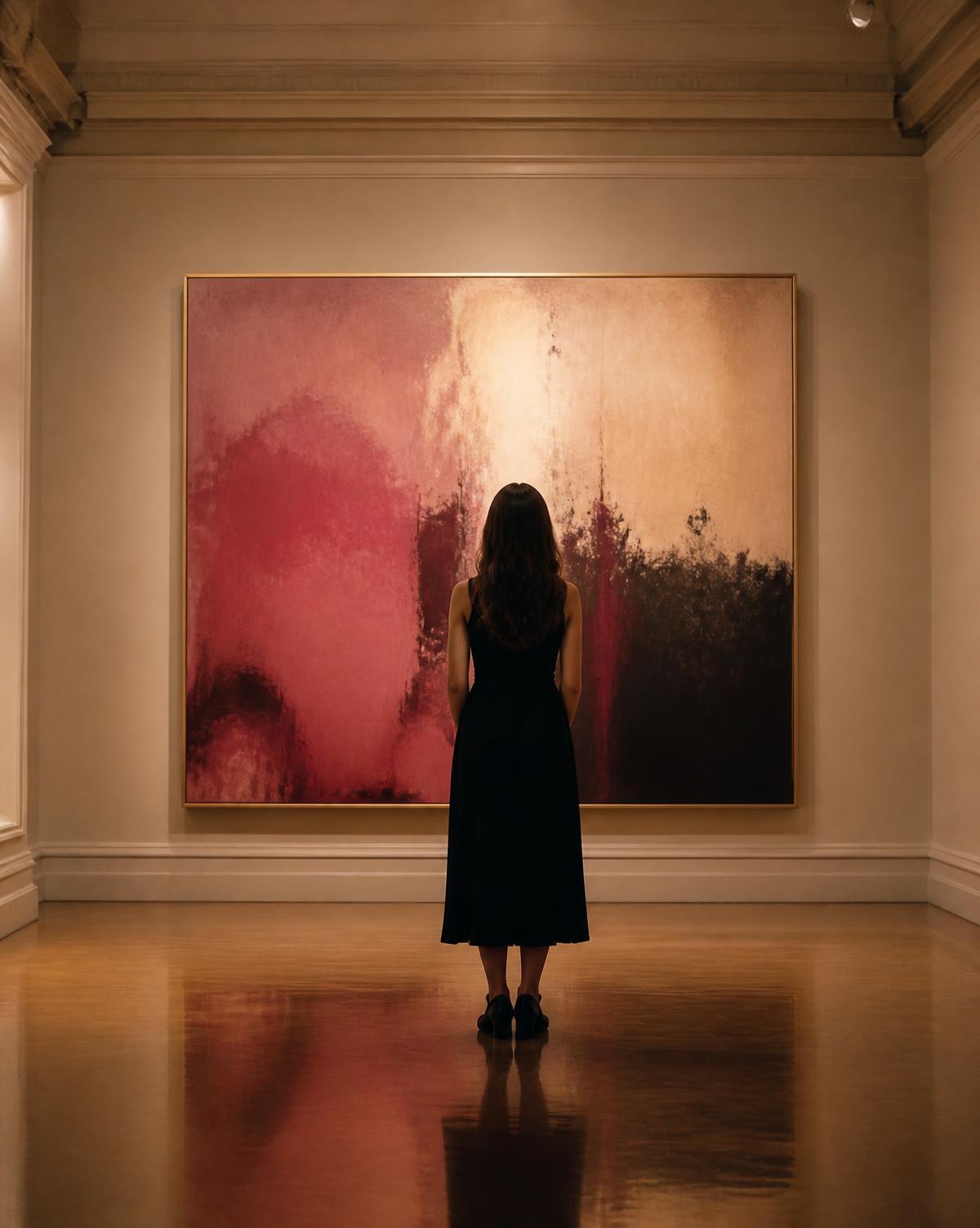 A woman standing alone before a luminous painting in a gallery