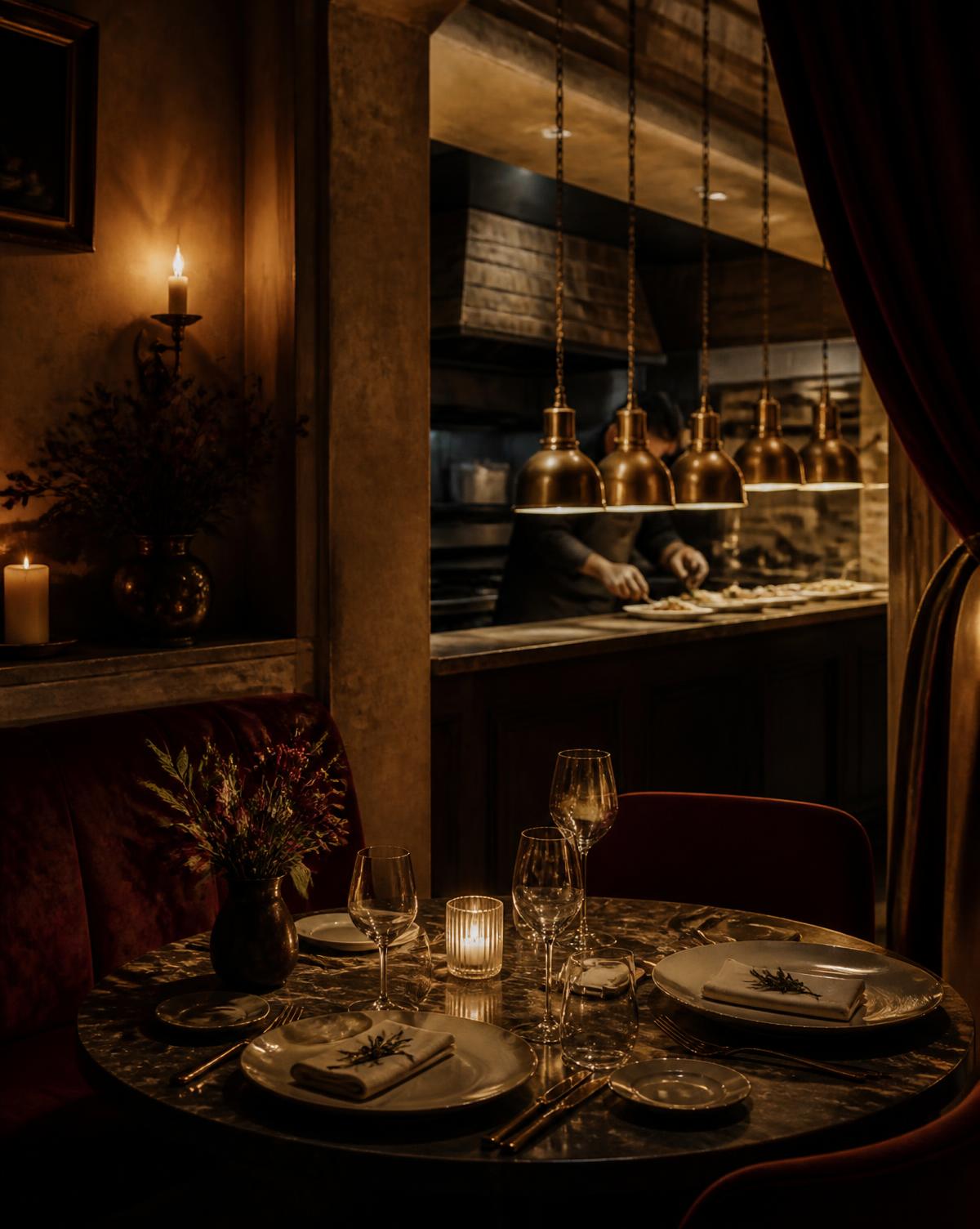 An intimate table beside the open kitchen of a beautiful restaurant